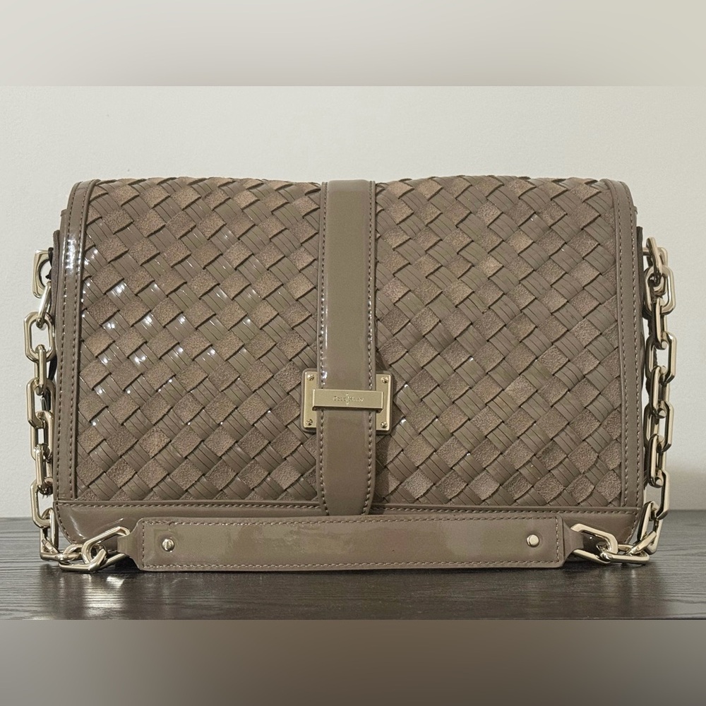 NWT Cole Haan Patent Leather Greige Shoulder Bag Heritage Weave